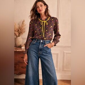 The Shirt by Rochelle Behrens Velvet Tie Neck Foral Button Up Top Size S